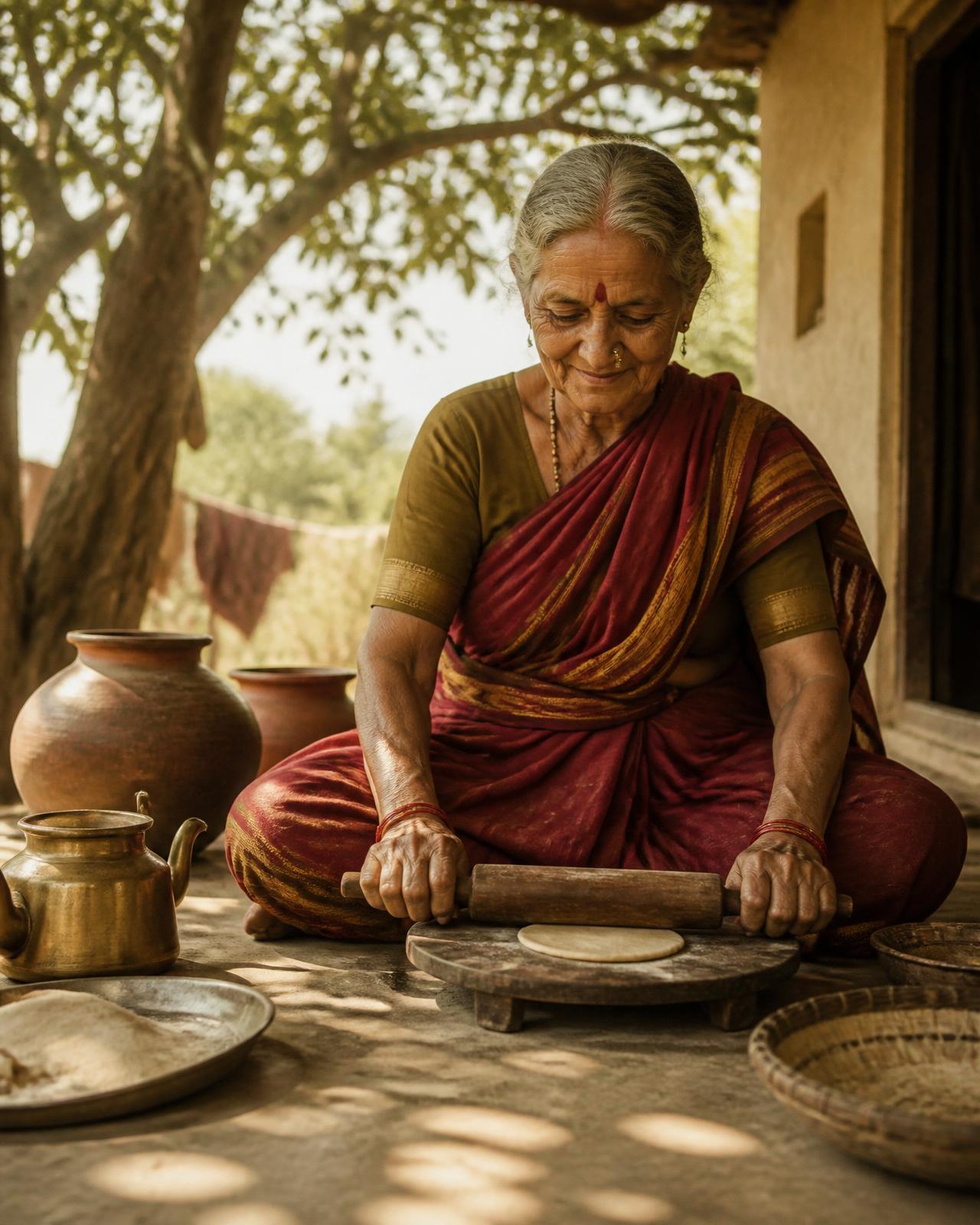 Village aaji rolling khari dough on the verandah under a banyan tree
