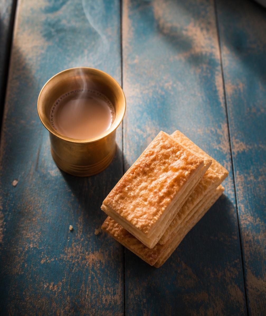 Brass cup of masala chai next to a stack of khari on a weathered blue table