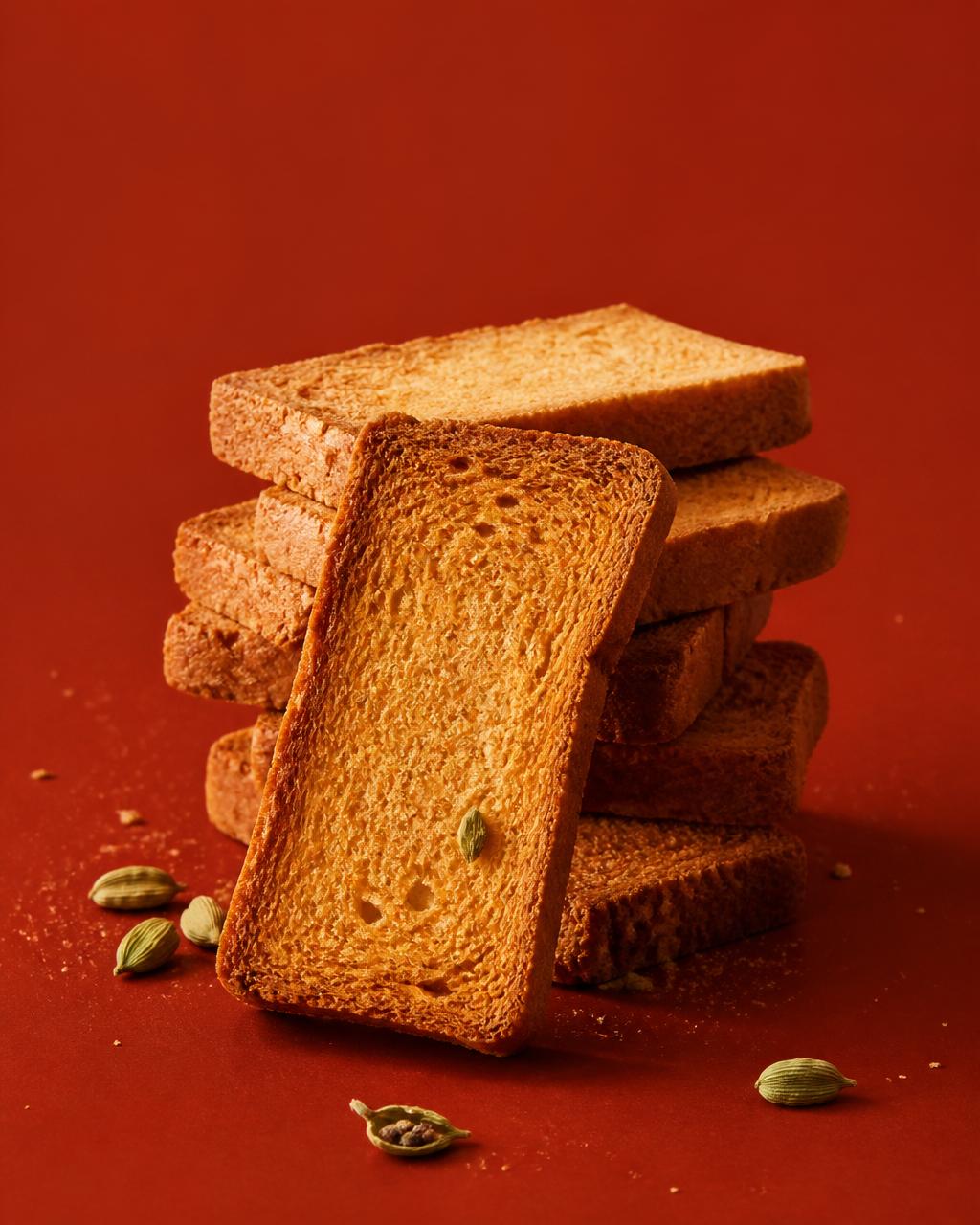Cardamom-scented rusk toast, twice-baked to golden crisp